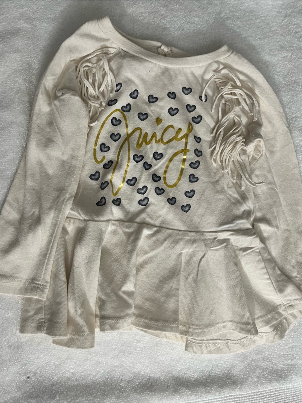 Juicy Couture Cream Long Sleeve Peplum Top with Gold Script & Navy Hearts
